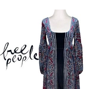 Free People Oh So Easy Babydoll Dress Blue Velvet XS Puff Sleeve Renaissance
